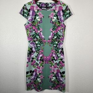 Long Tall Sally Size 10 Floral Multicolor Sheath Fitted Dress Stretch Cap Sleeve